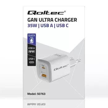 QOLTEC Charger 50763 — Indoor AC Fast Charger 35W, USB-C PD 3.0 + USB-A, 5–20V, balta
