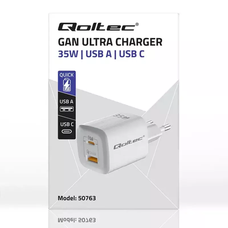 QOLTEC Charger 50763 — Indoor AC Fast Charger 35W, USB-C PD 3.0 + USB-A, 5–20V, balta
