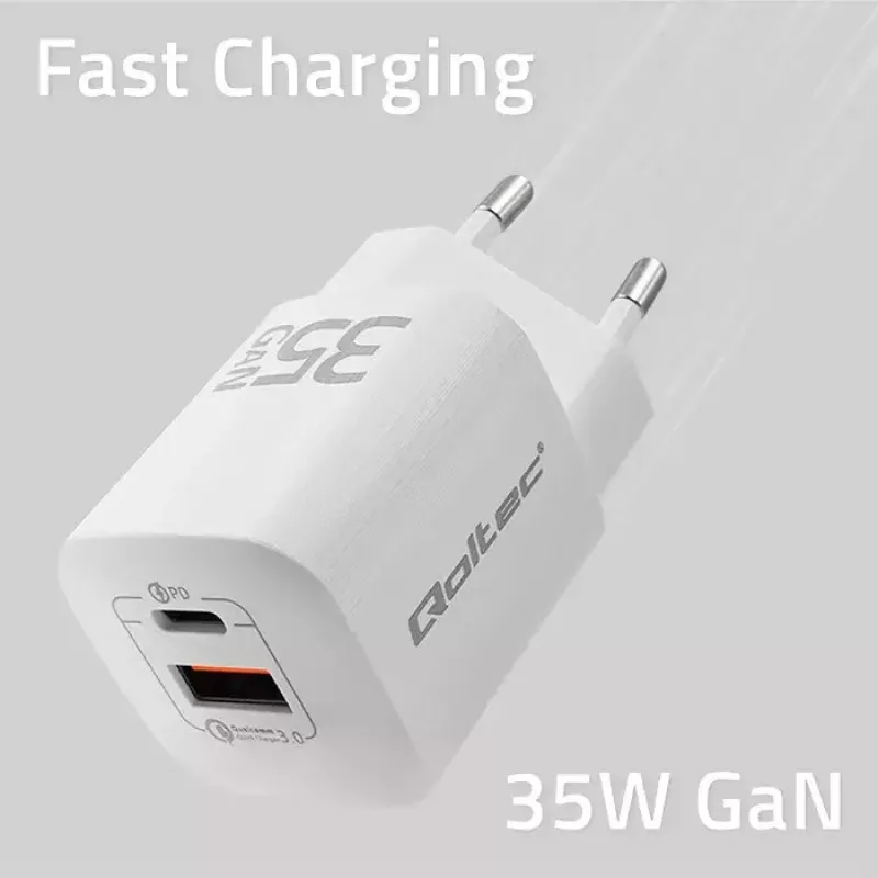 QOLTEC Charger 50763 — Indoor AC Fast Charger 35W, USB-C PD 3.0 + USB-A, 5–20V, balta