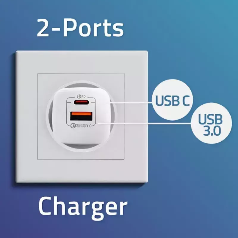 QOLTEC Charger 50763 — Indoor AC Fast Charger 35W, USB-C PD 3.0 + USB-A, 5–20V, balta