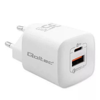 QOLTEC Charger 50763 — Indoor AC Fast Charger 35W, USB-C PD 3.0 + USB-A, 5–20V, balta