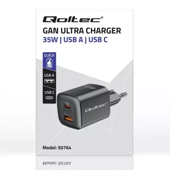 QOLTEC 50764 iekštelpu maiņstrāvas ātrais lādētājs USB-C 35W PD 3.0 + USB-A, 5–20V, C tipa eirokontakts