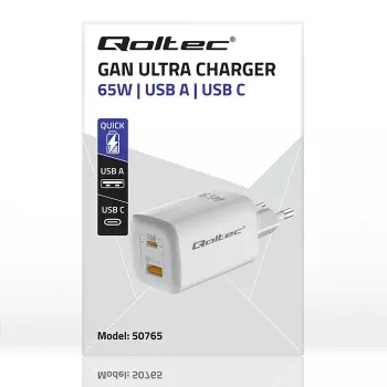Iekštelpu maiņstrāvas ātrais lādētājs QOLTEC 50765 — 65W USB-C PD 3.0 + USB-A, 5–20V, Type-C Europlug, 2 ierīces