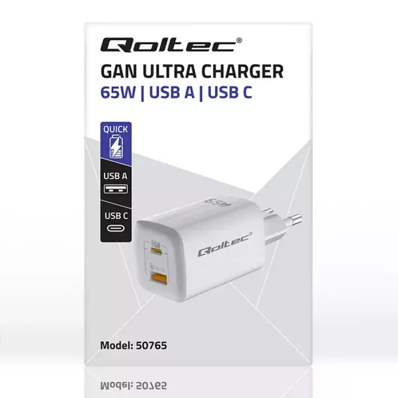 Iekštelpu maiņstrāvas ātrais lādētājs QOLTEC 50765 — 65W USB-C PD 3.0 + USB-A, 5–20V, Type-C Europlug, 2 ierīces