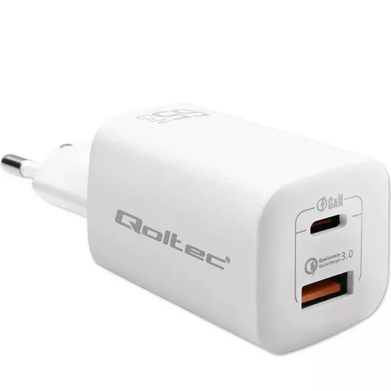 Iekštelpu maiņstrāvas ātrais lādētājs QOLTEC 50765 — 65W USB-C PD 3.0 + USB-A, 5–20V, Type-C Europlug, 2 ierīces