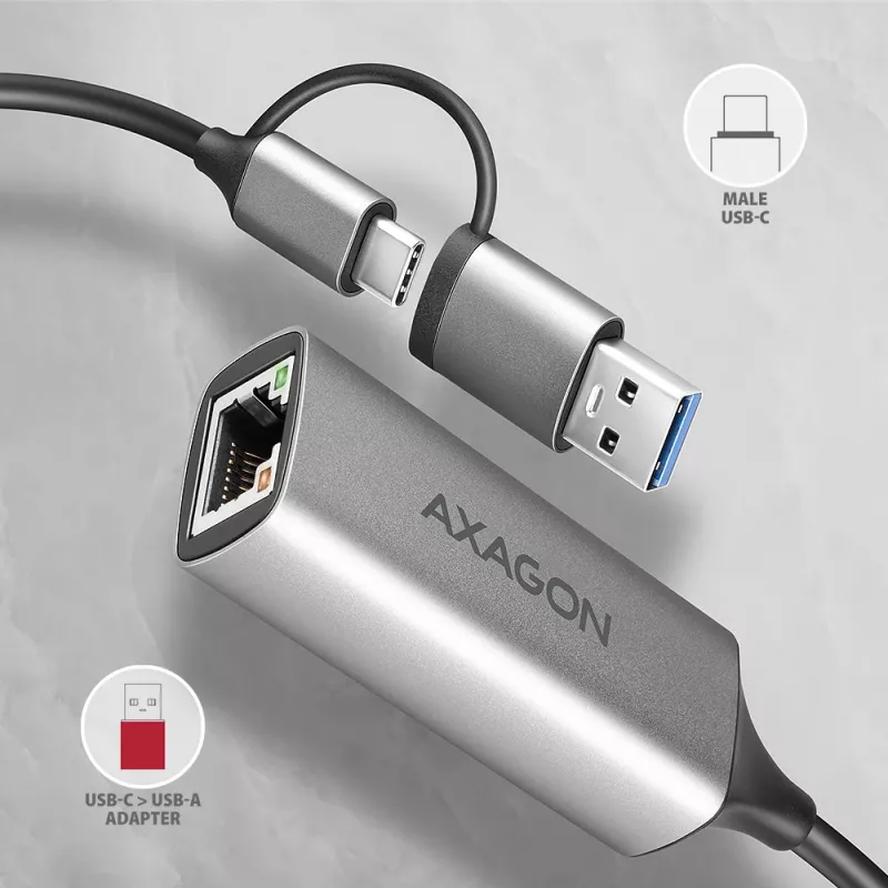 Axagon ADE-TXCA USB-C + USB-A 3.2 Gen 1 - Gigabit Ethernet adapteris, Asix AX88179
