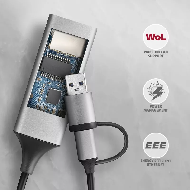 Axagon ADE-TXCA USB-C + USB-A 3.2 Gen 1 - Gigabit Ethernet adapteris, Asix AX88179