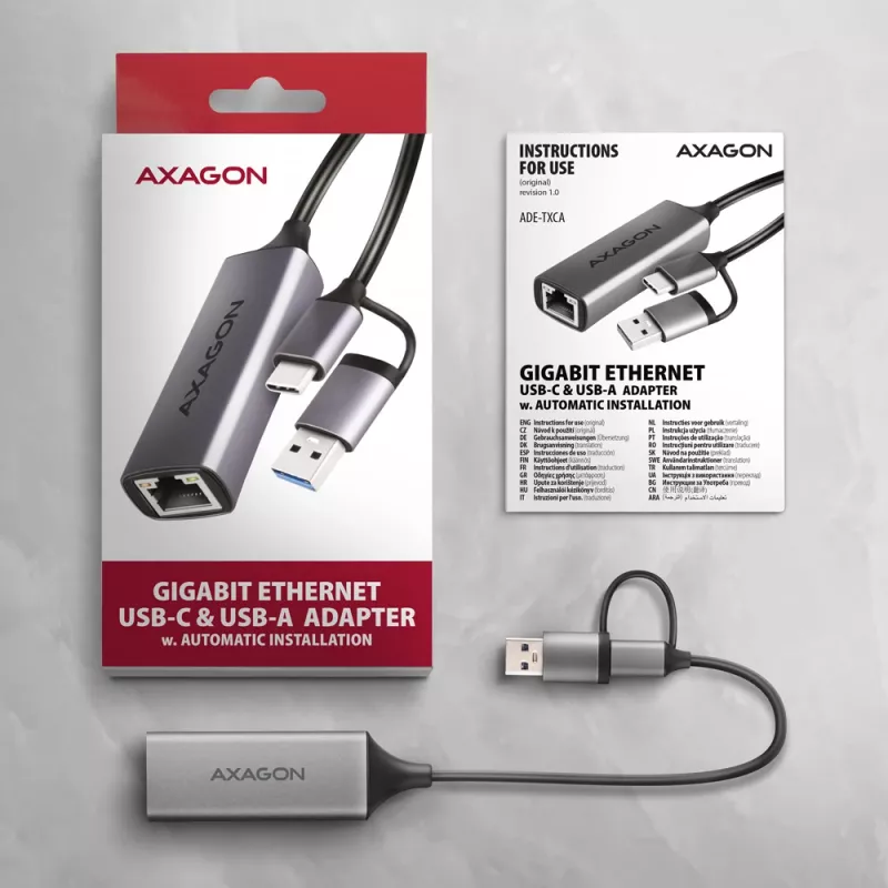 Axagon ADE-TXCA USB-C + USB-A 3.2 Gen 1 - Gigabit Ethernet adapteris, Asix AX88179