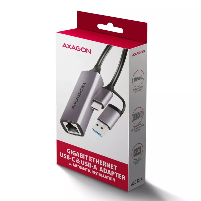 Axagon ADE-TXCA USB-C + USB-A 3.2 Gen 1 - Gigabit Ethernet adapteris, Asix AX88179