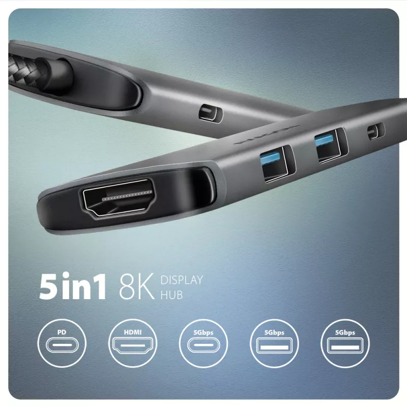 Axagon HMC-5H8K USB 5Gbps centrmezgls 2x USB-A USB-C HDMI 8k/30Hz PD 100W kabelis USB-C vadu USB 3.2 Gen 1 (3.1 Gen 1) Type-C pelēks