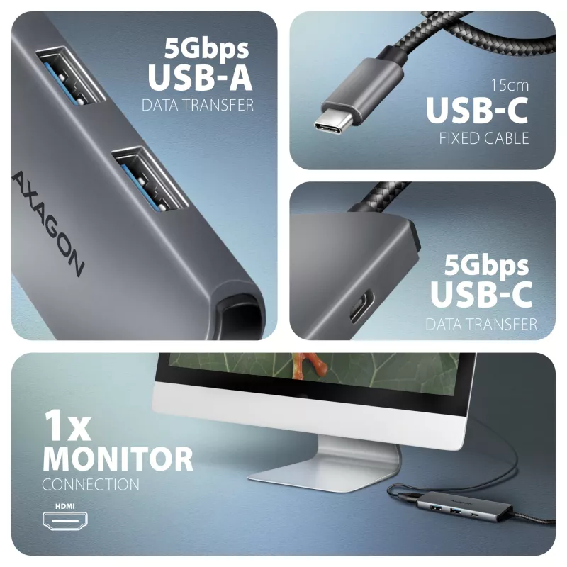 Axagon HMC-5H8K USB 5Gbps centrmezgls 2x USB-A USB-C HDMI 8k/30Hz PD 100W kabelis USB-C vadu USB 3.2 Gen 1 (3.1 Gen 1) Type-C pelēks