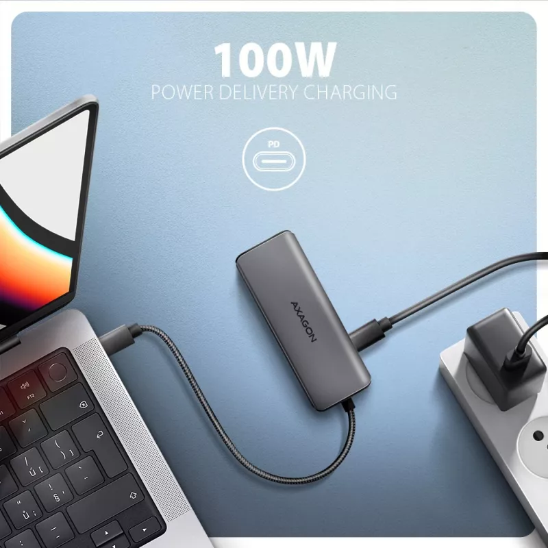 Axagon HMC-5H8K USB 5Gbps centrmezgls 2x USB-A USB-C HDMI 8k/30Hz PD 100W kabelis USB-C vadu USB 3.2 Gen 1 (3.1 Gen 1) Type-C pelēks