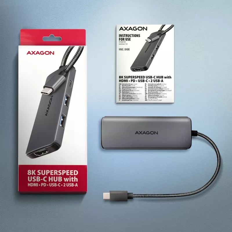 Axagon HMC-5H8K USB 5Gbps centrmezgls 2x USB-A USB-C HDMI 8k/30Hz PD 100W kabelis USB-C vadu USB 3.2 Gen 1 (3.1 Gen 1) Type-C pelēks