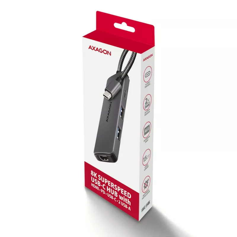 Axagon HMC-5H8K USB 5Gbps centrmezgls 2x USB-A USB-C HDMI 8k/30Hz PD 100W kabelis USB-C vadu USB 3.2 Gen 1 (3.1 Gen 1) Type-C pelēks