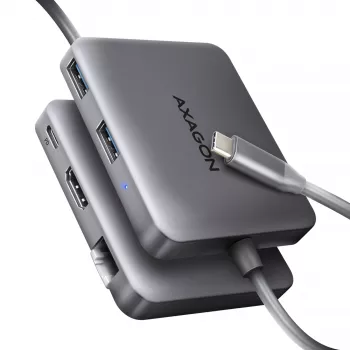 Axagon HMC-5HL USB 5 Gbps centrmezgls, 2x USB-A, HDMI 4K/60 Hz, RJ-45, PD 100 W, 20 cm USB-C kabelis