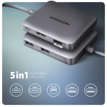 Axagon HMC-5HL USB 5 Gbps centrmezgls, 2x USB-A, HDMI 4K/60 Hz, RJ-45, PD 100 W, 20 cm USB-C kabelis