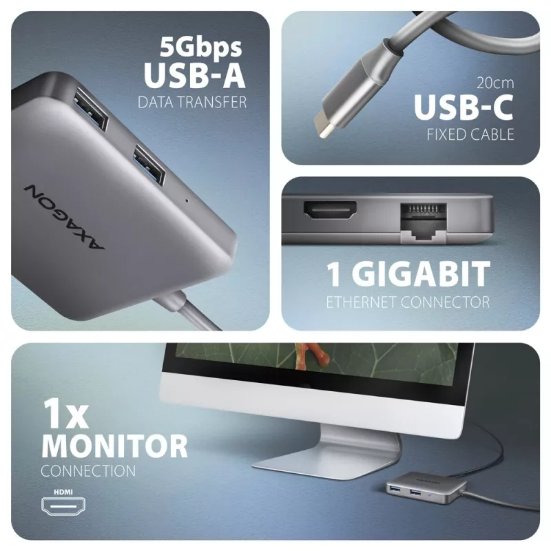 Axagon HMC-5HL USB 5 Gbps centrmezgls, 2x USB-A, HDMI 4K/60 Hz, RJ-45, PD 100 W, 20 cm USB-C kabelis