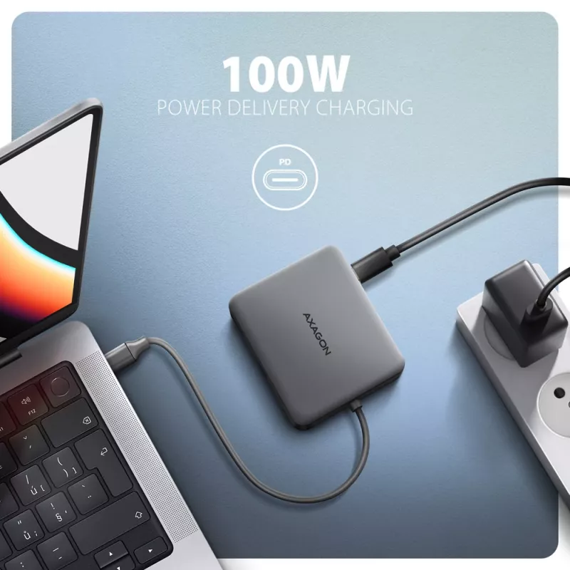 Axagon HMC-5HL USB 5 Gbps centrmezgls, 2x USB-A, HDMI 4K/60 Hz, RJ-45, PD 100 W, 20 cm USB-C kabelis