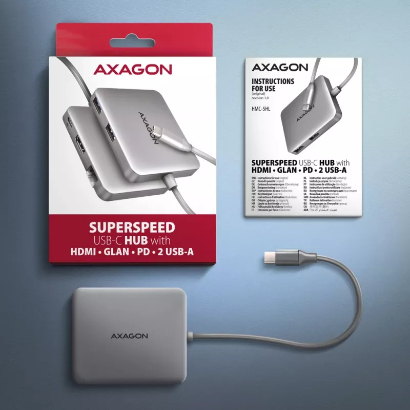 Axagon HMC-5HL USB 5 Gbps centrmezgls, 2x USB-A, HDMI 4K/60 Hz, RJ-45, PD 100 W, 20 cm USB-C kabelis