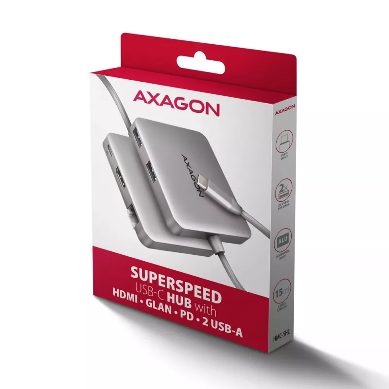 Axagon HMC-5HL USB 5 Gbps centrmezgls, 2x USB-A, HDMI 4K/60 Hz, RJ-45, PD 100 W, 20 cm USB-C kabelis