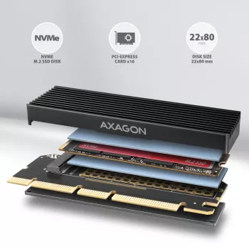 Axagon PCEM2-XS PCIe x16 - M.2 NVMe M-key slota adapteris ar pasīvu alumīnija radiatoru