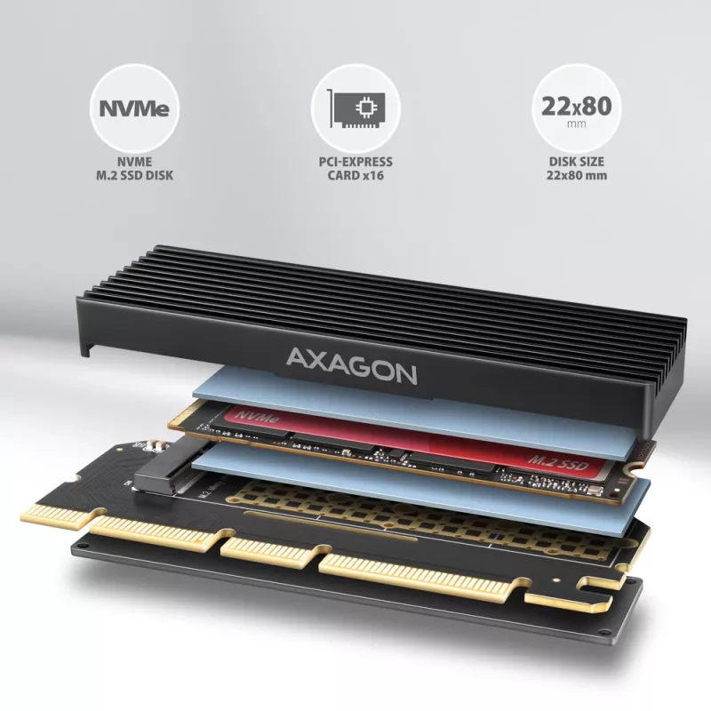 Axagon PCEM2-XS PCIe x16 - M.2 NVMe M-key slota adapteris ar pasīvu alumīnija radiatoru