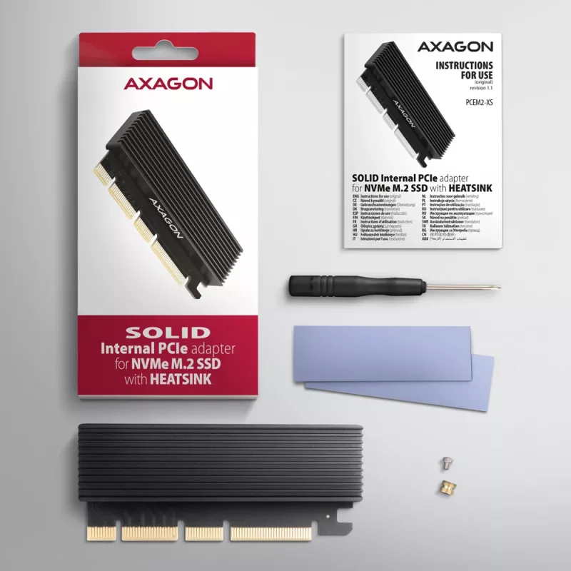 Axagon PCEM2-XS PCIe x16 - M.2 NVMe M-key slota adapteris ar pasīvu alumīnija radiatoru