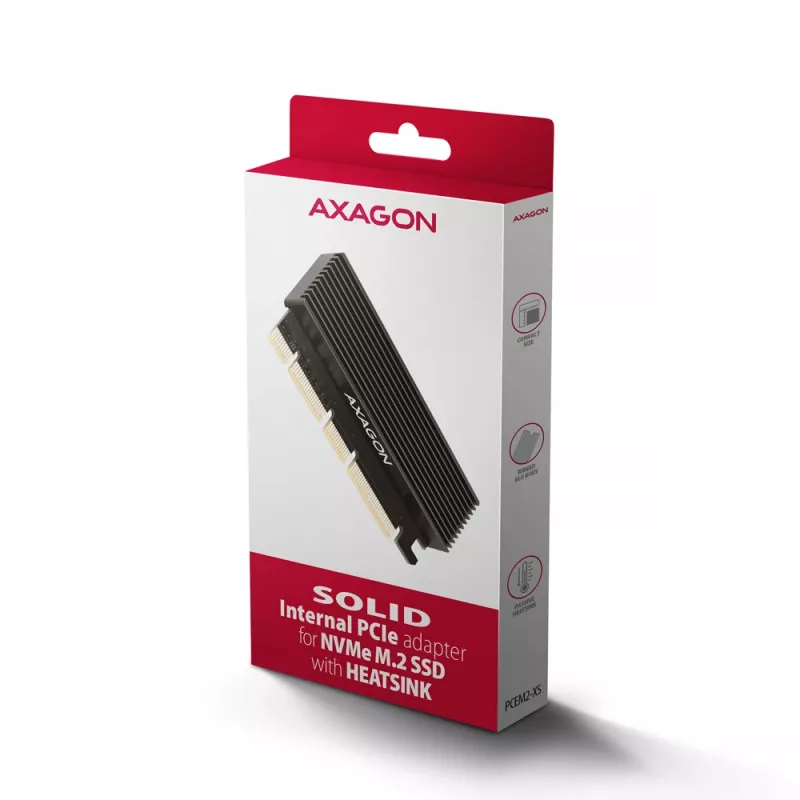 Axagon PCEM2-XS PCIe x16 - M.2 NVMe M-key slota adapteris ar pasīvu alumīnija radiatoru