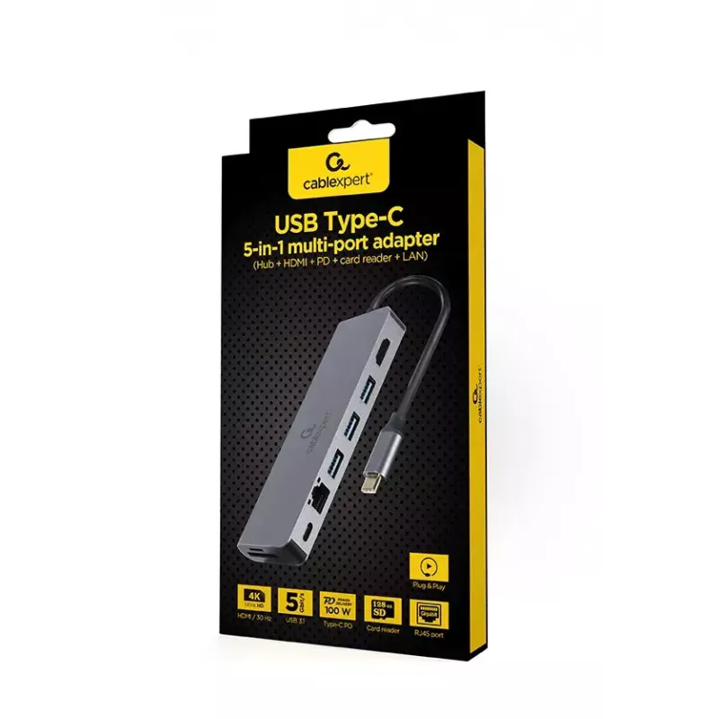 GEMBIRD A-CM-COMBO5-05 centrmezgls — USB 3.2 Gen 1 Type-C, 3x USB-A, HDMI, RJ-45, SD/microSD, 100 W PD