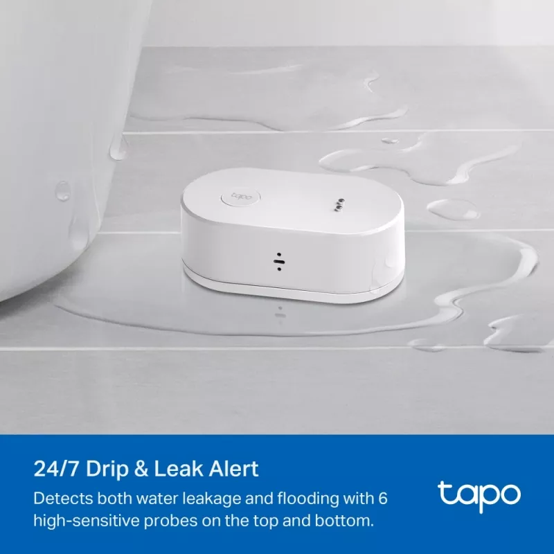 Ūdens noplūdes detektors TP-Link Tapo T300 Wi‑Fi, regulējama signalizācija 90 dB, IP67, baterija (2×AAA), nepieciešams centrmezgls