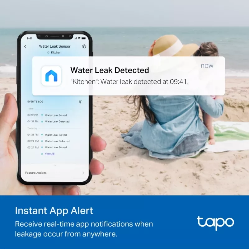Ūdens noplūdes detektors TP-Link Tapo T300 Wi‑Fi, regulējama signalizācija 90 dB, IP67, baterija (2×AAA), nepieciešams centrmezgls