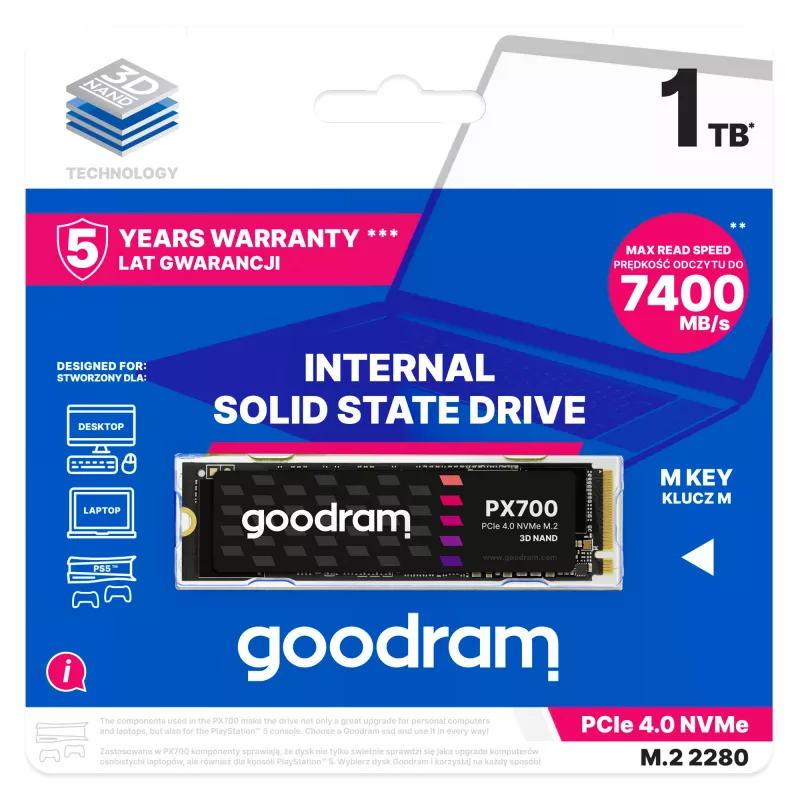 Goodram PX700 SSD SSDPR-PX700-01T-80 iekšējais cietvielu disks 1 TB M.2 PCI Express 4.0 NVMe 3D NAND
