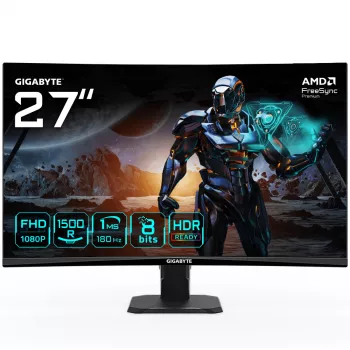GIGABYTE GS27FC 27 collu FHD izliekts spēļu monitors - 1920 x 1080, 180 Hz, 1 ms, 250 cd/m², FreeSync Premium, HDR Ready, HDMI 2.0, DisplayPort 1.4
