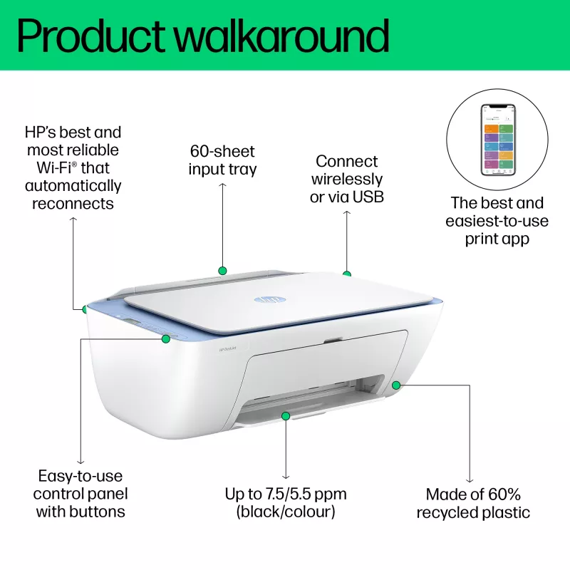 HP DeskJet 2822e bezvadu daudzfunkciju krāsu printeris, Instant Ink; kopētājs, skeneris