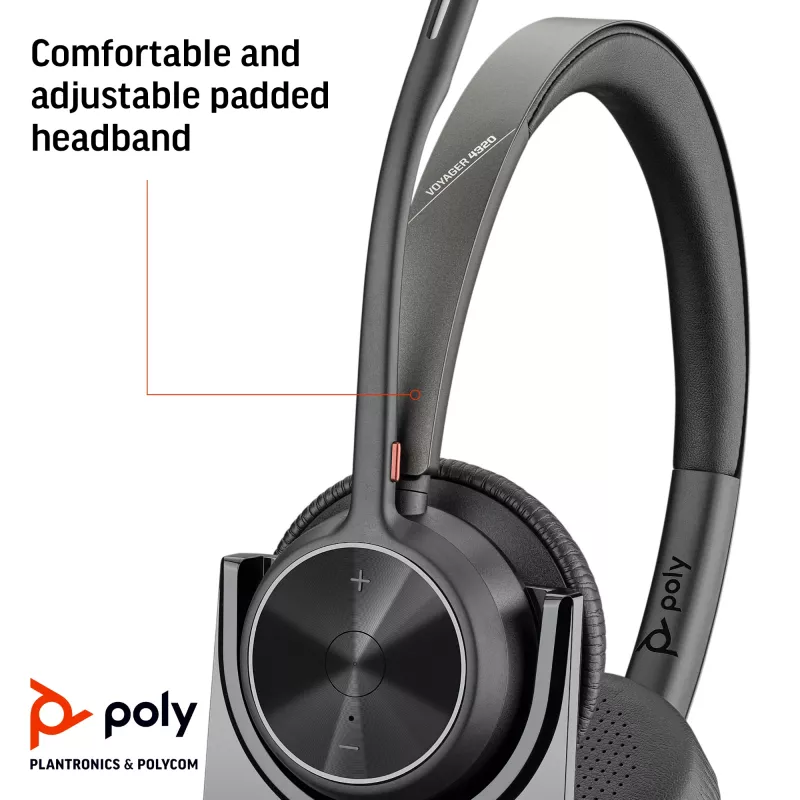 HP Poly Voyager 4320 UC Stereo USB-A austiņas +BT700 USB-A adapteris +Uzlādes statīvs