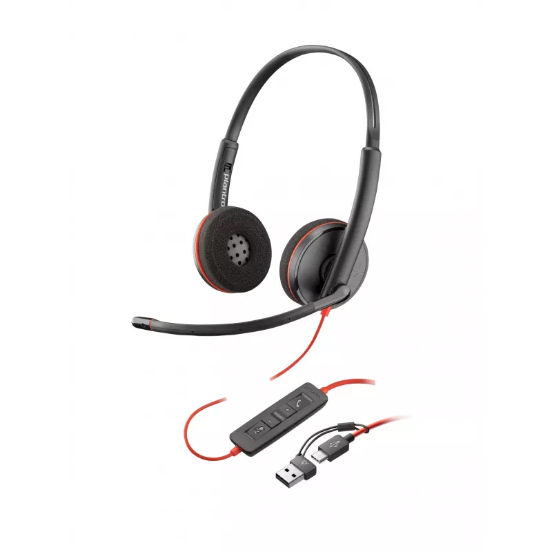 HP Poly Melnswire 3220 Stereo USB-C austiņas + USB-C/A adapteris