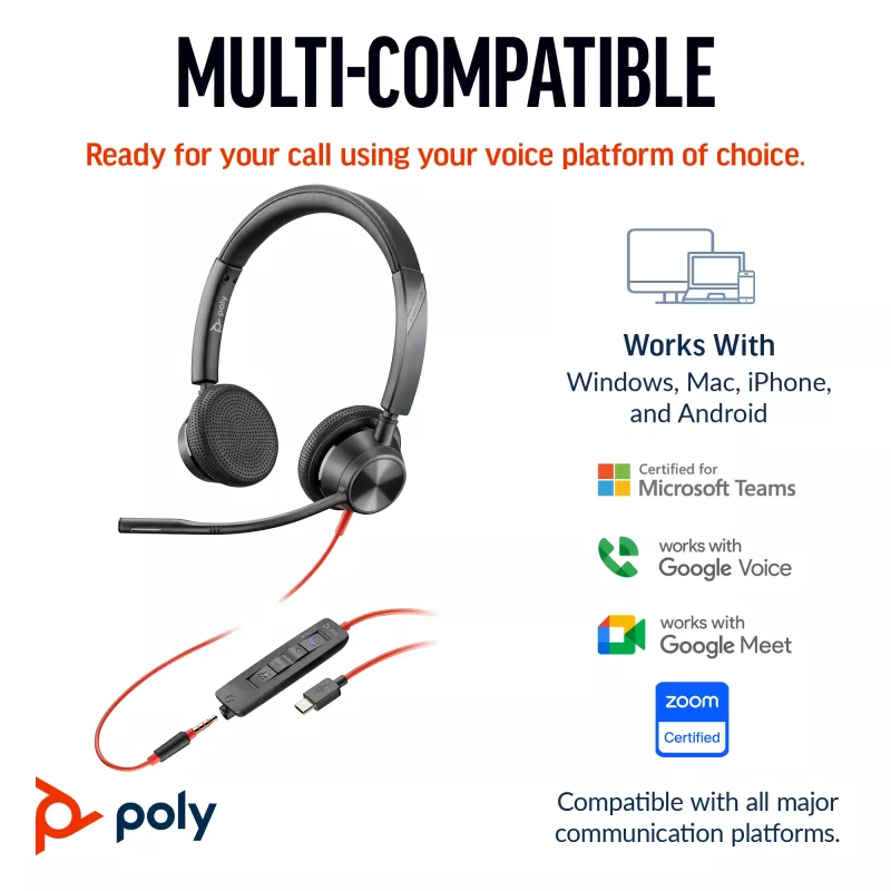 HP Poly Melnswire 3325 Stereo Microsoft Teams Certified USB-C Headset +3.5mm Plug +USB-C/A Adapter