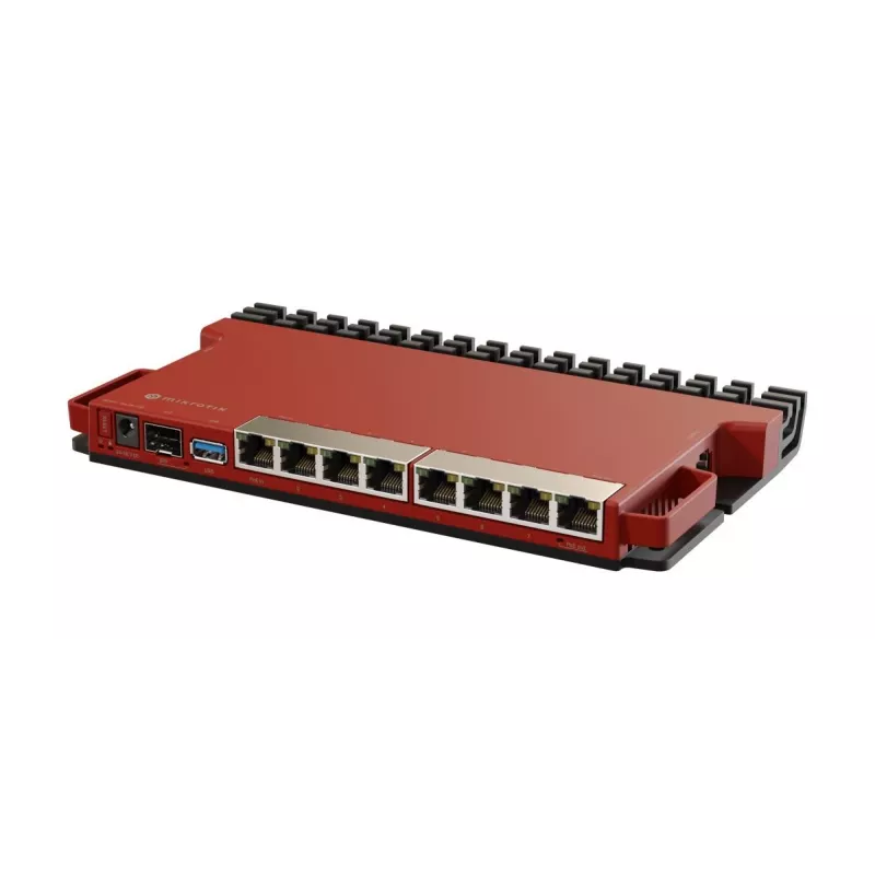 Vadu maršrutētājs MikroTik L009UiGS-RM — 8x RJ-45, 2.5 Gigabit Ethernet, 1x SFP, 1x USB, 800 MHz CPU, 512 MB RAM, sarkans