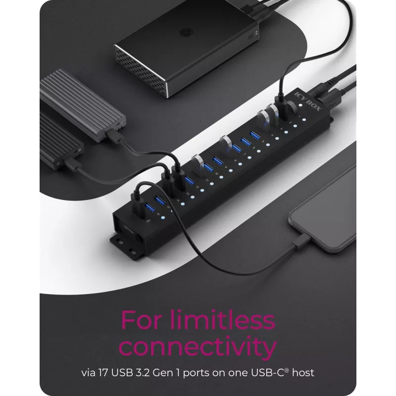 ICY BOX 17-Port Hub with USB 3.2 Gen 1 Type-A interface, USB 3.2 Gen 1 (3.1 Gen 1) Type-A, USB 3.2 Gen 1 (3.1 Gen 1) Type-A, USB Type-B, 5000 Mbit/s, Melns, China, DC