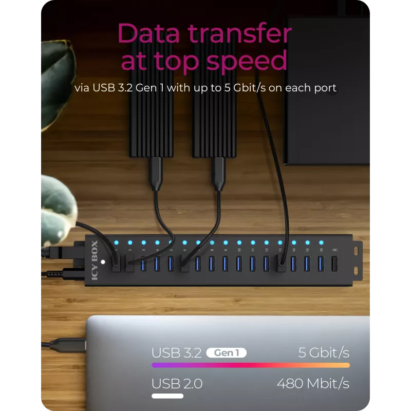 ICY BOX 17-Port Hub with USB 3.2 Gen 1 Type-A interface, USB 3.2 Gen 1 (3.1 Gen 1) Type-A, USB 3.2 Gen 1 (3.1 Gen 1) Type-A, USB Type-B, 5000 Mbit/s, Melns, China, DC