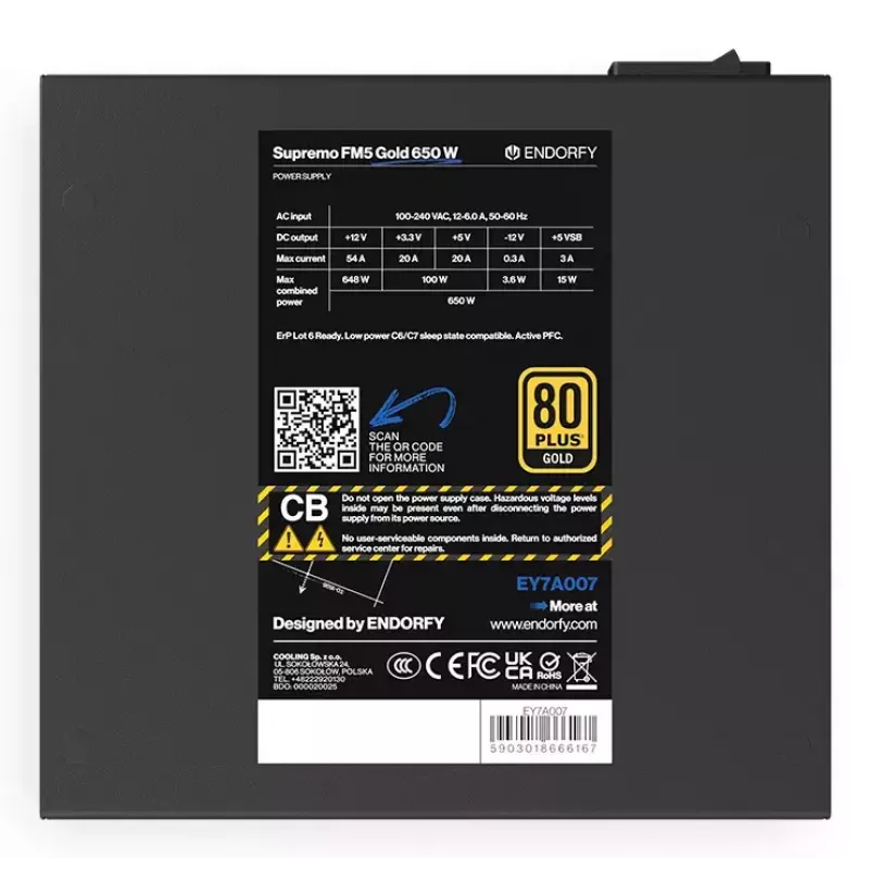 Barošanas bloks ENDORFY Supremo FM5 650 W ATX 80 PLUS Gold, 650 W, 120 mm ventilators, modulāri kabeļi