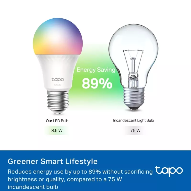 TP-Link Tapo viedā spuldze, daudzkrāsu, Matter, viedā spuldze, Wi-Fi/Bluetooth, balta, 802.11b, 802.11g, Wi-Fi 4 (802.11n), WPA-PSK, WPA2-PSK, WPA3-SAE, LED