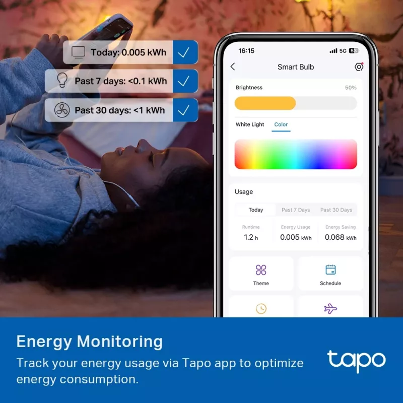 TP-Link Tapo viedā spuldze, daudzkrāsu, Matter, viedā spuldze, Wi-Fi/Bluetooth, balta, 802.11b, 802.11g, Wi-Fi 4 (802.11n), WPA-PSK, WPA2-PSK, WPA3-SAE, LED