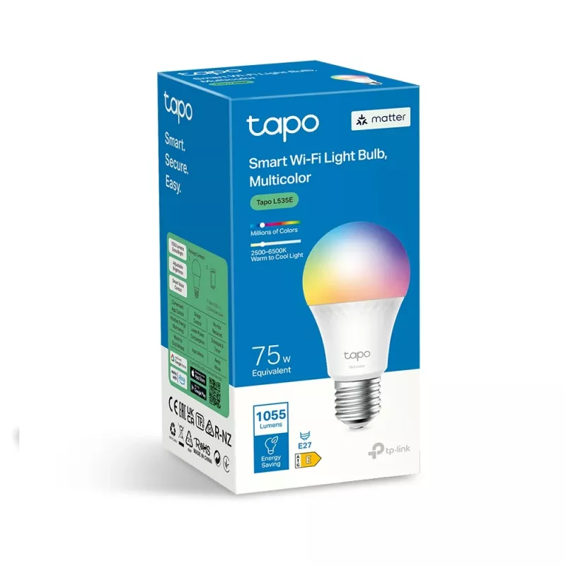 TP-Link Tapo viedā spuldze, daudzkrāsu, Matter, viedā spuldze, Wi-Fi/Bluetooth, balta, 802.11b, 802.11g, Wi-Fi 4 (802.11n), WPA-PSK, WPA2-PSK, WPA3-SAE, LED