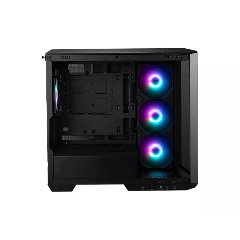 PC case MSI MAG PANO M100R PZ Micro Tower Melns — microATX/ITX, sānu logs, daudzkrāsu LED, 39 cm GPU, USB-C