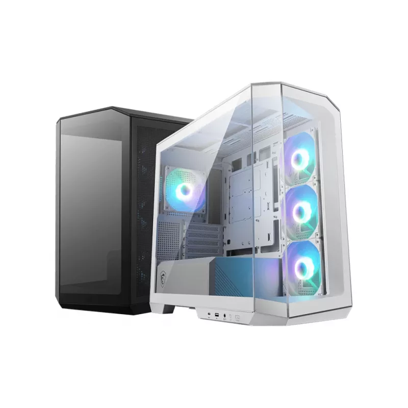 PC case MSI MAG PANO M100R PZ Micro Tower Melns — microATX/ITX, sānu logs, daudzkrāsu LED, 39 cm GPU, USB-C
