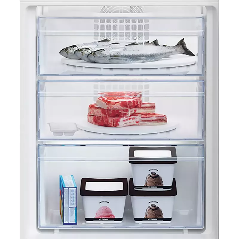 Iebūvējamais ledusskapis-salētāja BEKO BCHA275K41SN — kopējā ietilpība 262 L (193 L ledusskapis, 69 L salētājs), No Frost, pa labi verams, balts