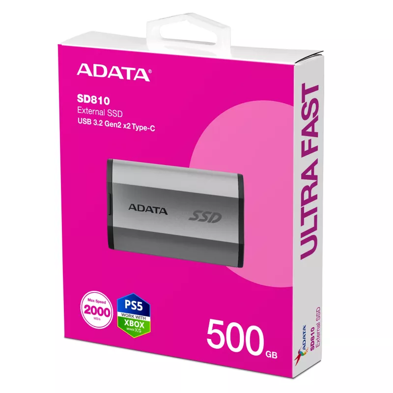 ADATA SD810 500 GB USB Type-C USB 3.2 Gen 2x2 Melna, Sudraba