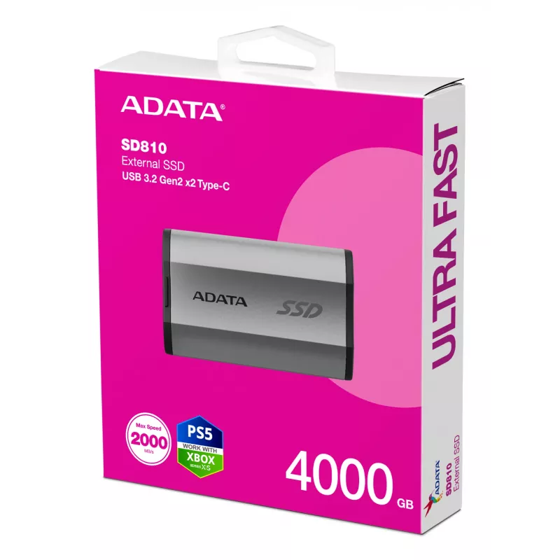 Pārnēsājams SSD ADATA SD810 4 TB, USB Type-C, USB 3.2 Gen 2x2, 2000 MB/s lasīšana/rakstīšana, IP68 alumīnija korpuss