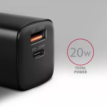 Sienas lādētājs Axagon ACU-PQ20 QC3.0 PD Type-C 20W Melns